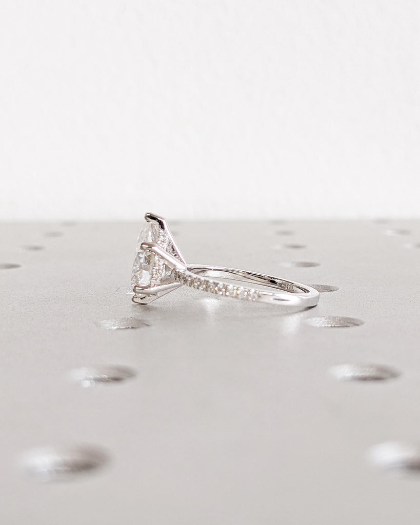 Pear Lab Grown Diamond Hidden Halo Engagement Ring | IGI Certified | CVD Diamond Ring | Solitaire Promise Ring | 14K White Gold Pave Setting