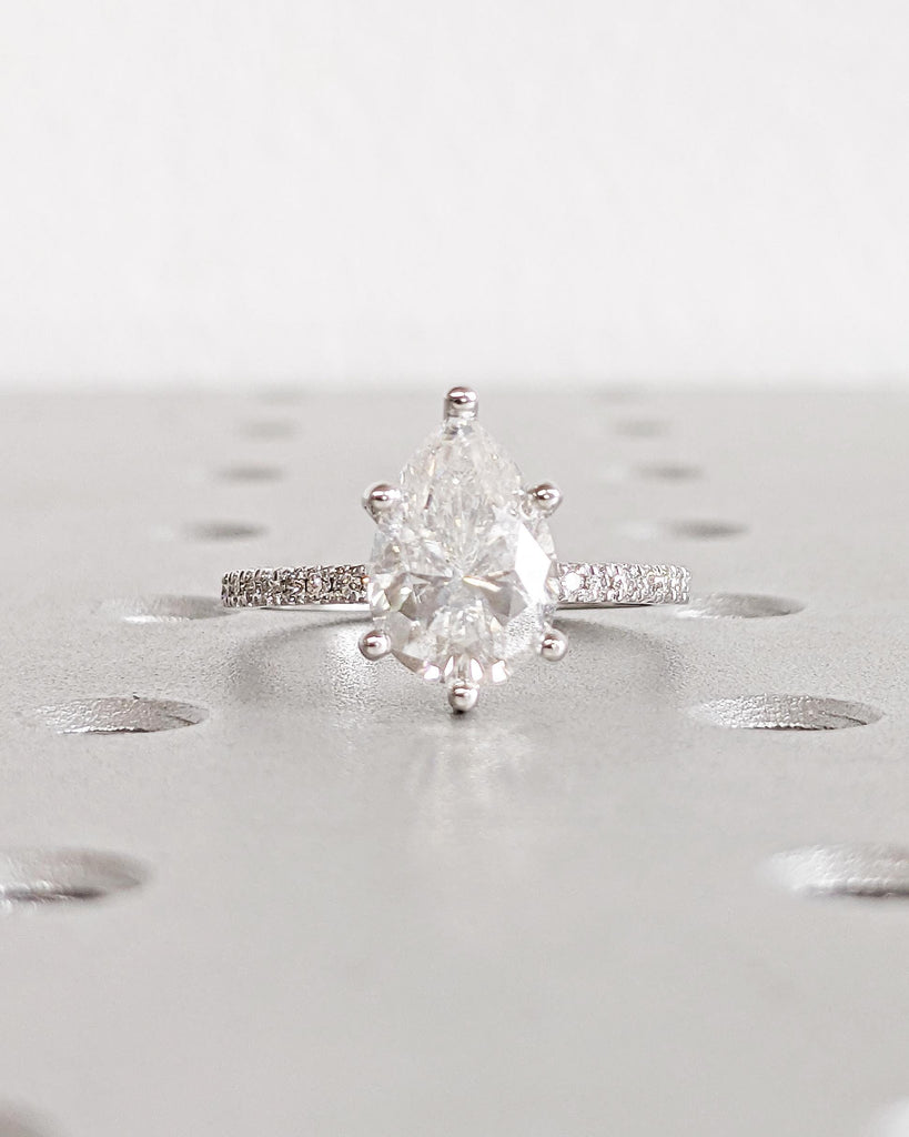 Pear Lab Grown Diamond Hidden Halo Engagement Ring | IGI Certified | CVD Diamond Ring | Solitaire Promise Ring | 14K White Gold Pave Setting