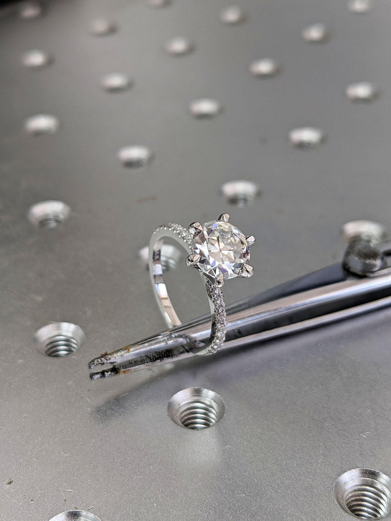 14k White Gold Old Mine cut Moissanite Rings for Women | Old Miner Cut Round Diamond Eternity Engagement Ring