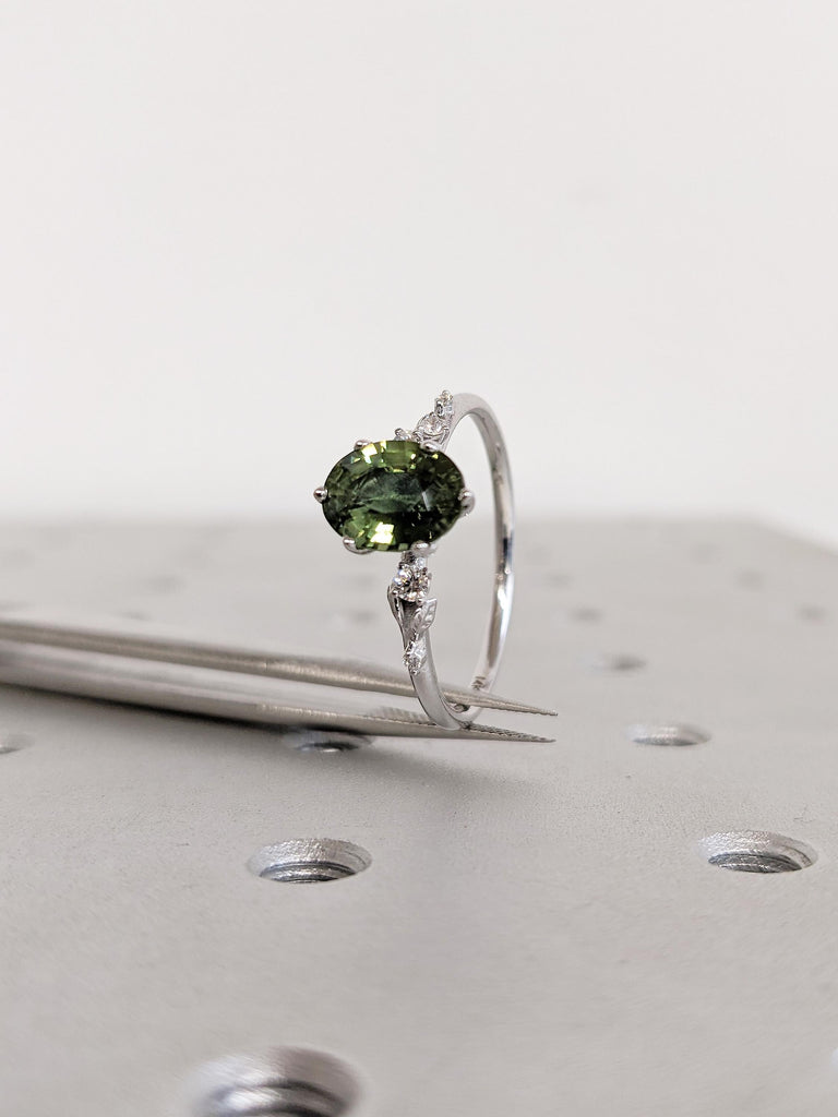 1.5ct Oval Cut Sapphire Engagement Ring, 14k White Gold Floral Ring, Diamond, Montana Sapphire Anniversary Ring, September Birthstone Ring