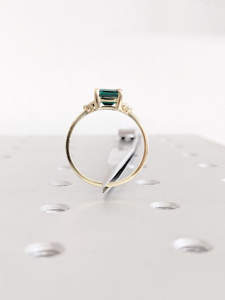 Green Emerald Cut Lab Sapphire Ring, 14K Yellow Gold Diamond Accent Engagement Ring, Dainty Promise Ring, Anniversary Jewelry, Wedding Ring