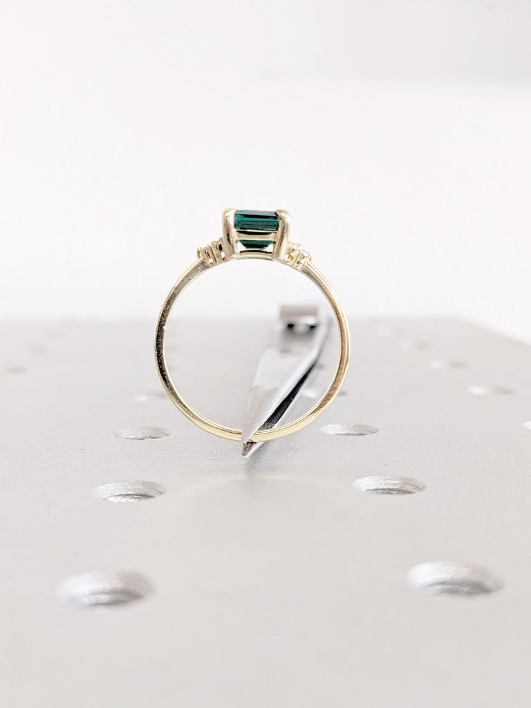 Green Emerald Cut Lab Sapphire Ring: 14K Yellow Gold Band with Diamond Accents