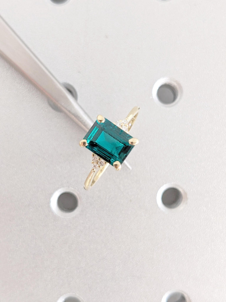 Green Emerald Cut Lab Sapphire Ring: 14K Yellow Gold Band with Diamond Accents