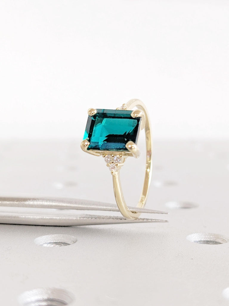 Green Emerald Cut Lab Sapphire Ring: 14K Yellow Gold Band with Diamond Accents