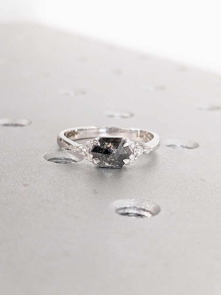 14k White Gold Salt and Pepper Diamond Ring, Hexagon Engagement Ring, Diamond Cluster Ring