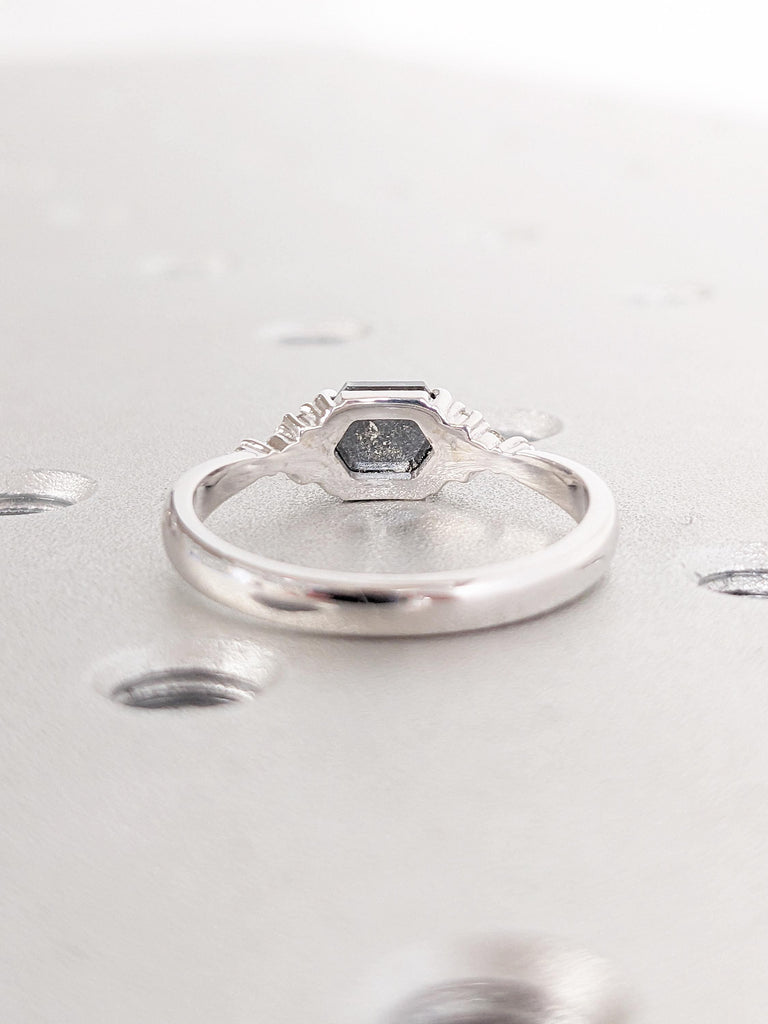 14k White Gold Salt and Pepper Diamond Ring, Hexagon Engagement Ring, Diamond Cluster Ring