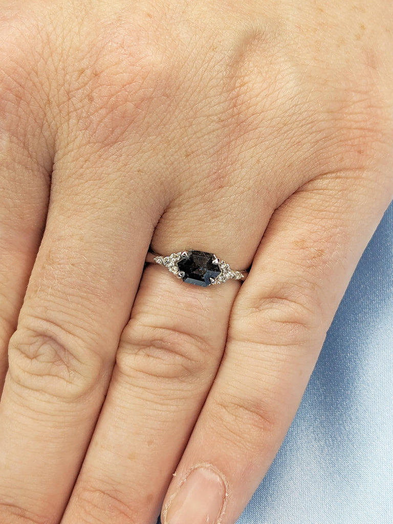 14k White Gold Salt and Pepper Diamond Ring, Hexagon Engagement Ring, Diamond Cluster Ring