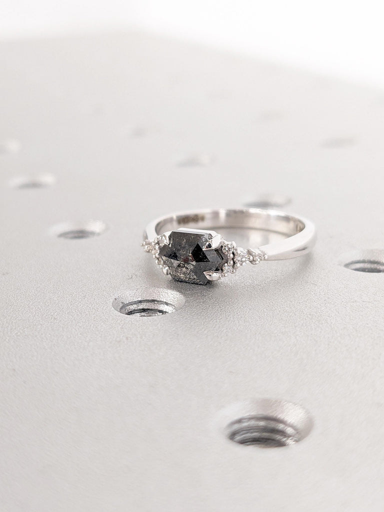 Hexagon Cut Salt and Pepper Diamond Engagement Ring, Vintage 14k White Gold Ring, Round Diamond Cluster Wedding Ring, Promise Ring for Her
