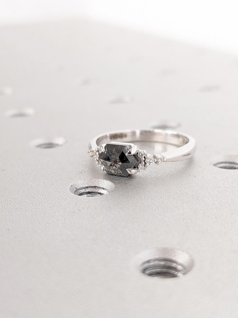 14k White Gold Salt and Pepper Diamond Ring, Hexagon Engagement Ring, Diamond Cluster Ring