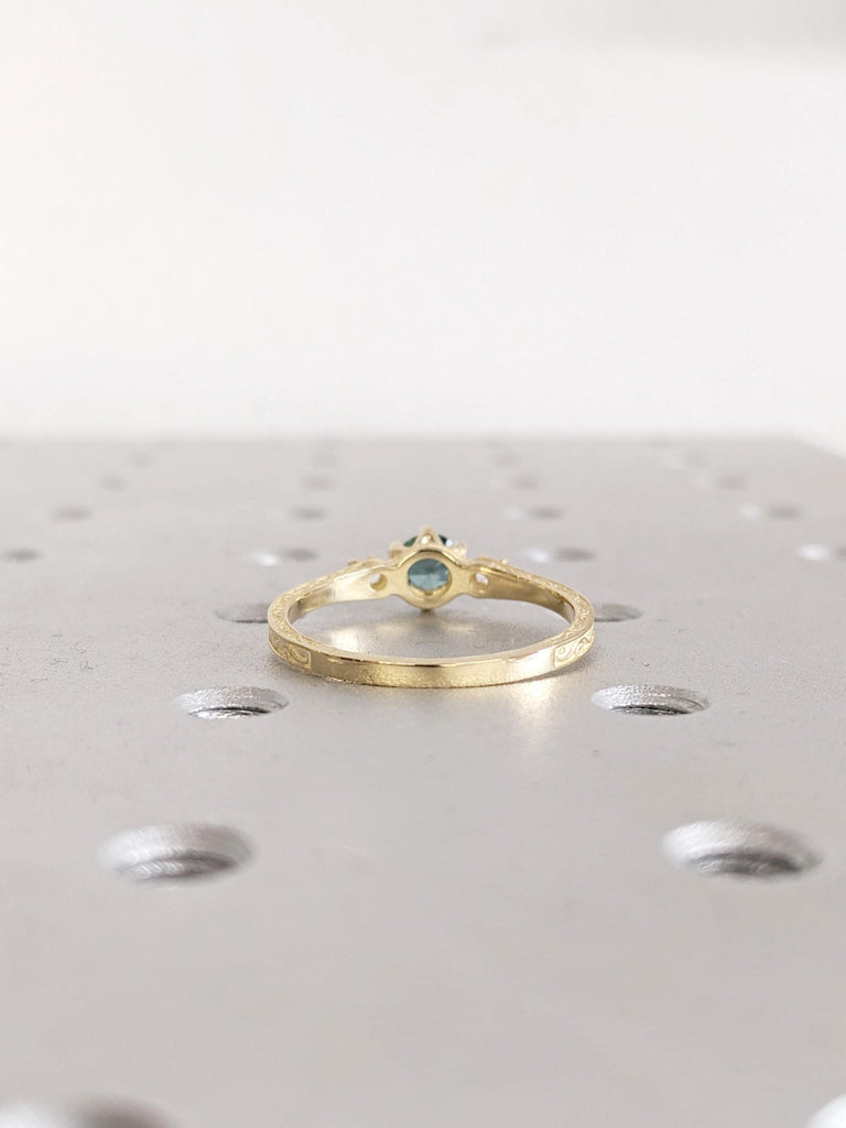 14K Yellow Gold Round Montana Sapphire Engagement Ring | Unique Three Stone Diamond Accents | Vintage Filigree Bridal Band | Wedding Ring