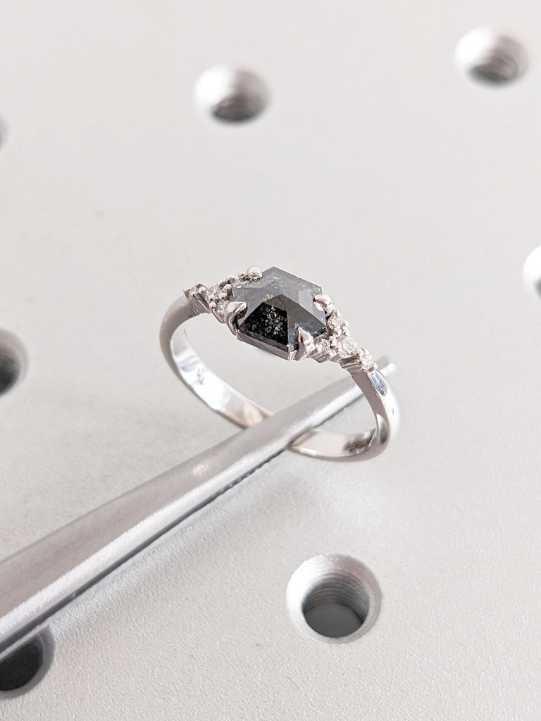 Hexagon Cut Salt and Pepper Diamond Engagement Ring, Vintage Ring