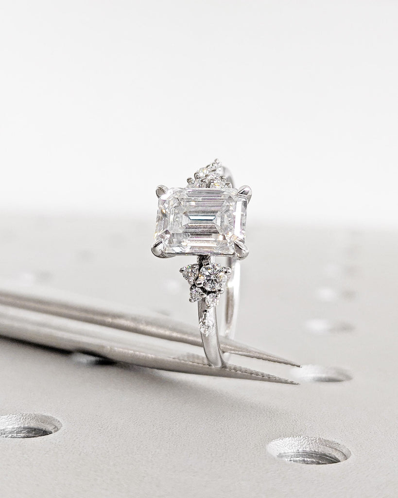 Emerald Cut Colorless Moissanite Women Engagement Promise Ring | Solid Gold Unique Snowdrift 6 Prongs Diamond Cluster Wedding Ring for Wife