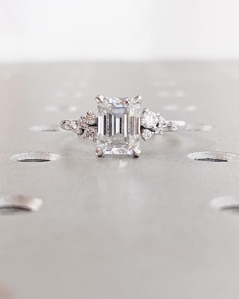 Emerald Cut Colorless Moissanite Women Engagement Promise Ring | Solid Gold Unique Snowdrift 6 Prongs Diamond Cluster Wedding Ring for Wife