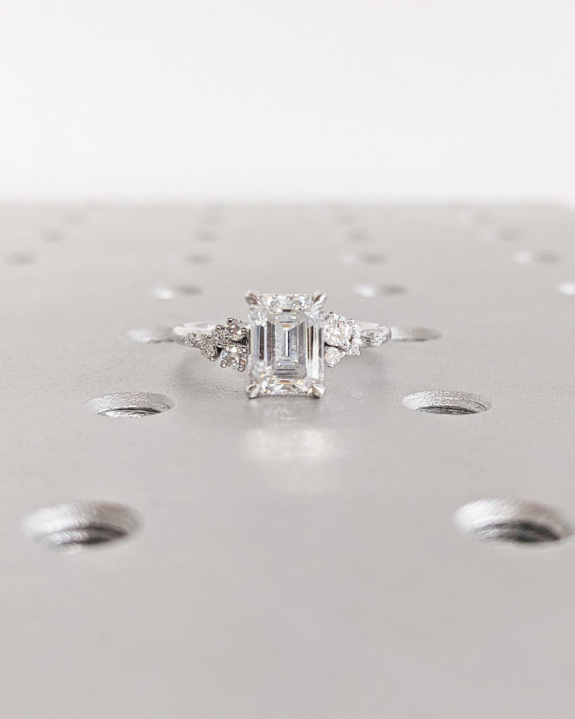 Emerald Cut Colorless Moissanite Women Engagement Promise Ring | Solid Gold Unique Snowdrift 6 Prongs Diamond Cluster Wedding Ring for Wife