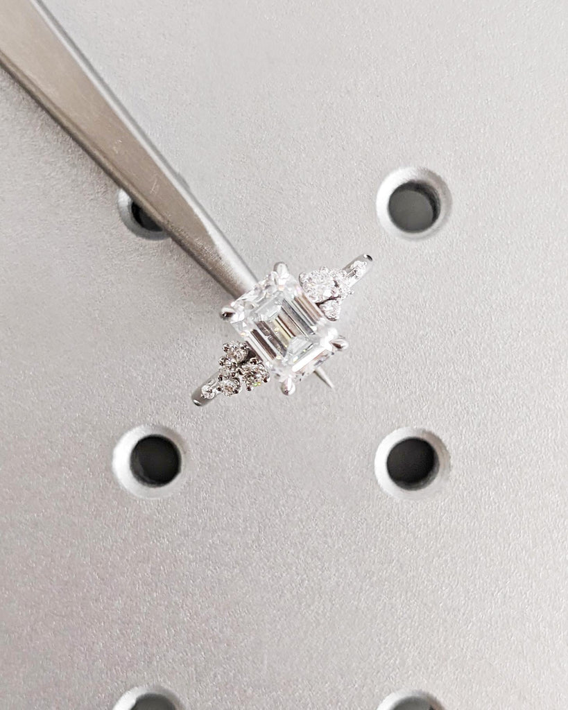 Emerald Cut Colorless Moissanite Women Engagement Promise Ring | Solid Gold Unique Snowdrift 6 Prongs Diamond Cluster Wedding Ring for Wife