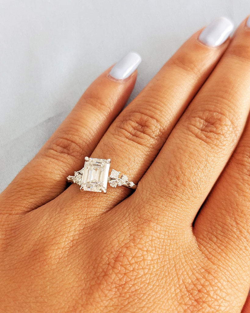 Emerald Cut Colorless Moissanite Women Engagement Promise Ring | Solid Gold Unique Snowdrift 6 Prongs Diamond Cluster Wedding Ring for Wife