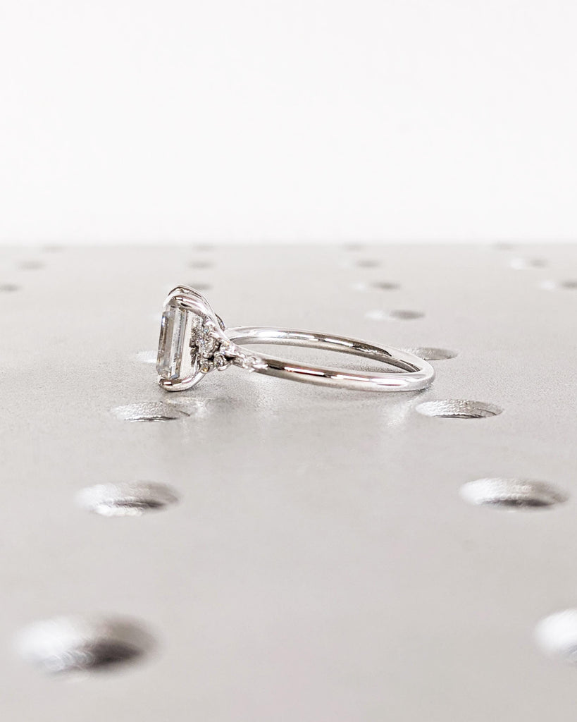 Emerald Cut Lab Grown Diamond Ring | Unique 14K White Gold Snowdrift Engagement Ring | Diamond Cluster Promise or Anniversary Ring for Women