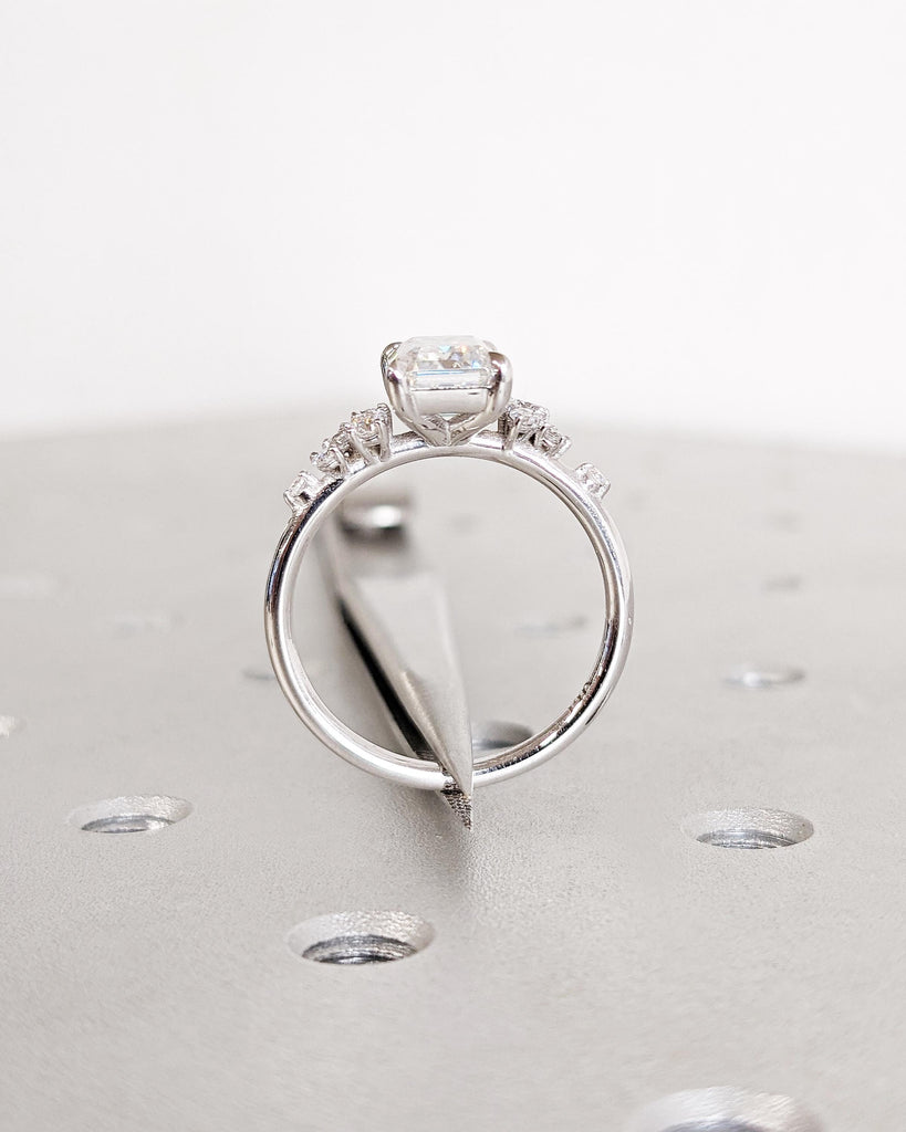 Emerald Cut Lab Grown Diamond Ring | Unique 14K White Gold Snowdrift Engagement Ring | Diamond Cluster Promise or Anniversary Ring for Women