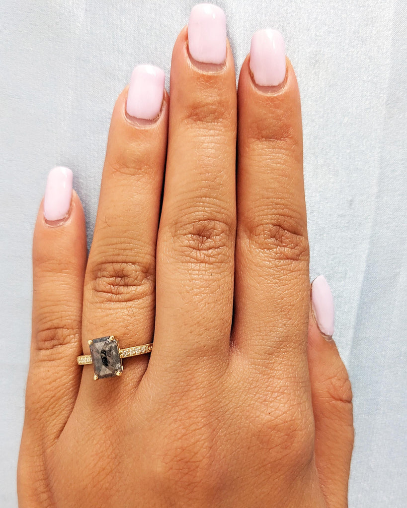 Salt and Pepper Diamond Ring: Vintage Emerald Cut Engagement Ring, Art Deco Filigree Ring, Diamond Accents, Solid 14K Yellow Gold Ring
