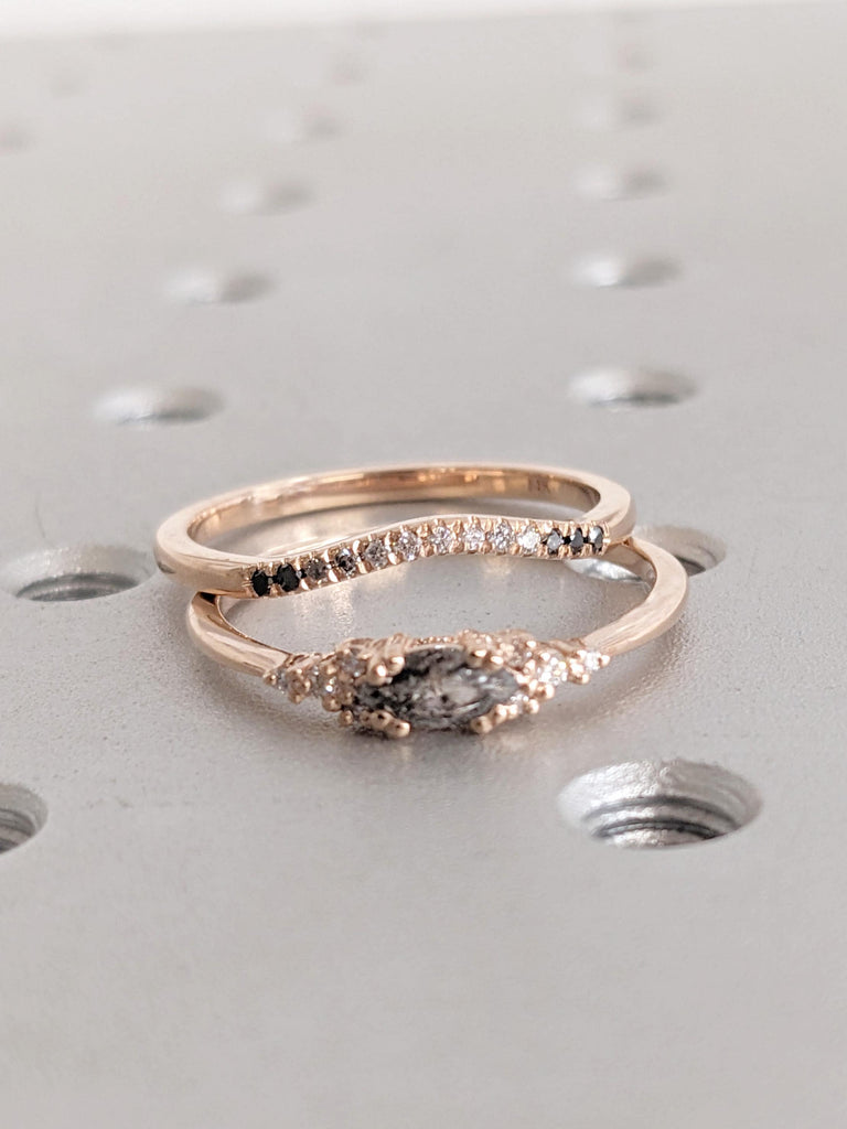 Salt and Pepper Diamond Ring | Engagement Ring Set | 14k Gold Wedding Ring Set | Rose Gold Ring | Curved Stackable Ring | Anniversary Gift
