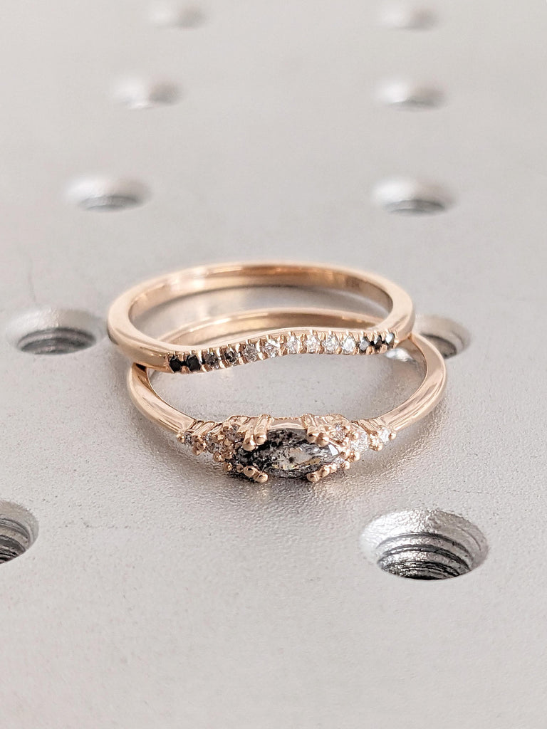 Marquise Cut Salt and Pepper Diamond Engagement Ring Set, 14K Rose Gold Ring, Curved Matching Ring, Minimalist Ring, Promise Ring For Her