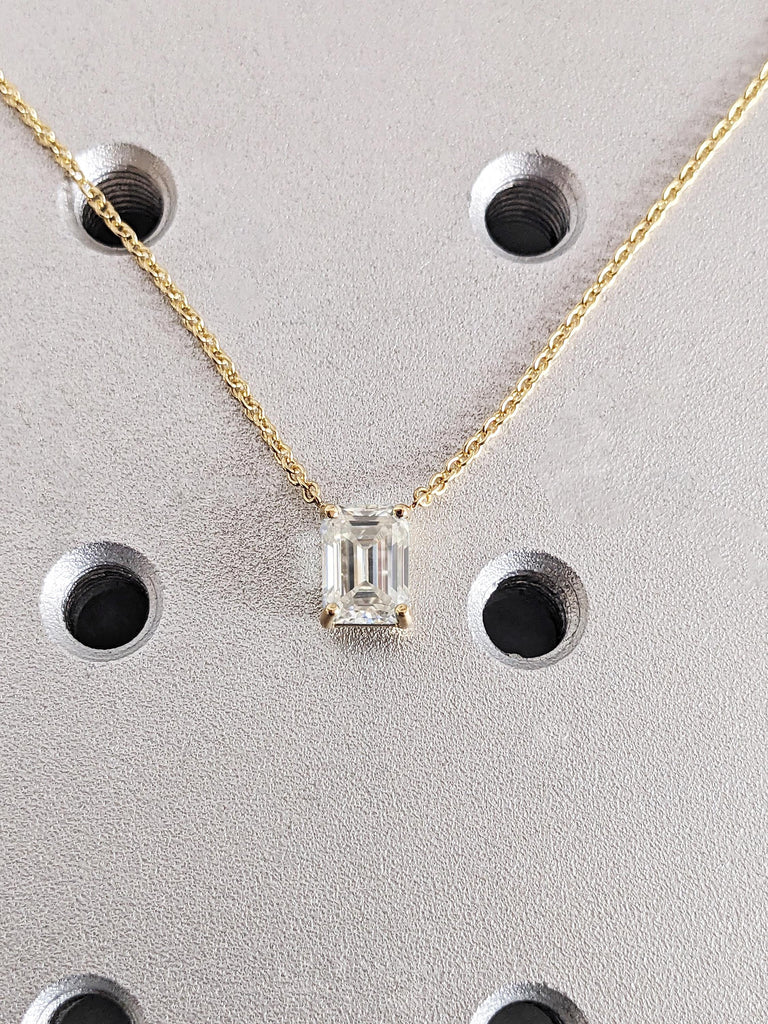 Solid Gold Emerald Cut Moissanite Bridal Necklace, Dainty 18K/14K Yellow Gold Chain, Women's Everyday Pendant