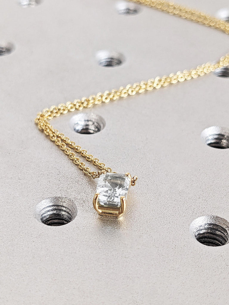 Classic Solitaire Moissanite Necklace, 18K Yellow Gold Emerald Cut Moissanite Pendant, Dainty Gold Chain Necklace, Christmas Gift for Her