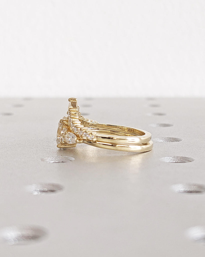 Antique Style Vintage Bridal Wedding Ring Set: Oval Moissanite Ring with Diamond Accents, Chevron Diamond Cluster Band, 14K Yellow Gold