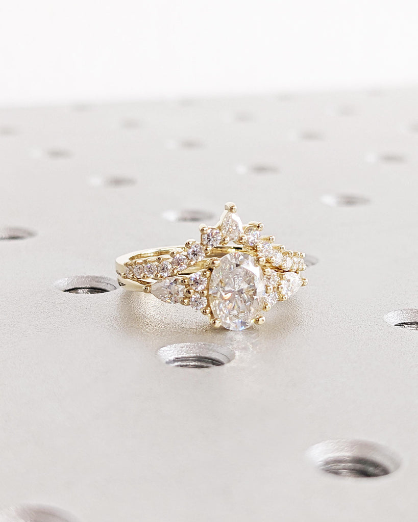 Vintage 14K Yellow Gold Oval Moissanite Engagement Ring Set, Unique Pear Shape Diamond Cluster Stacking Ring, Luxury Custom Bridal Set Women