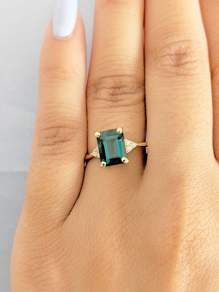Green Emerald Cut Lab Sapphire Ring: 14K Yellow Gold Band with Diamond Accents