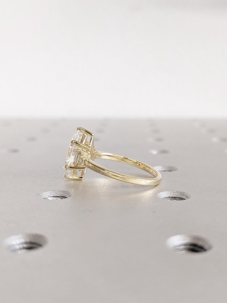 Marquise Cut Moissanite Engagement Ring | 14K Yellow Gold Baguette Accent Band | Art Deco Wedding Jewelry | Unique Statement Ring For Women