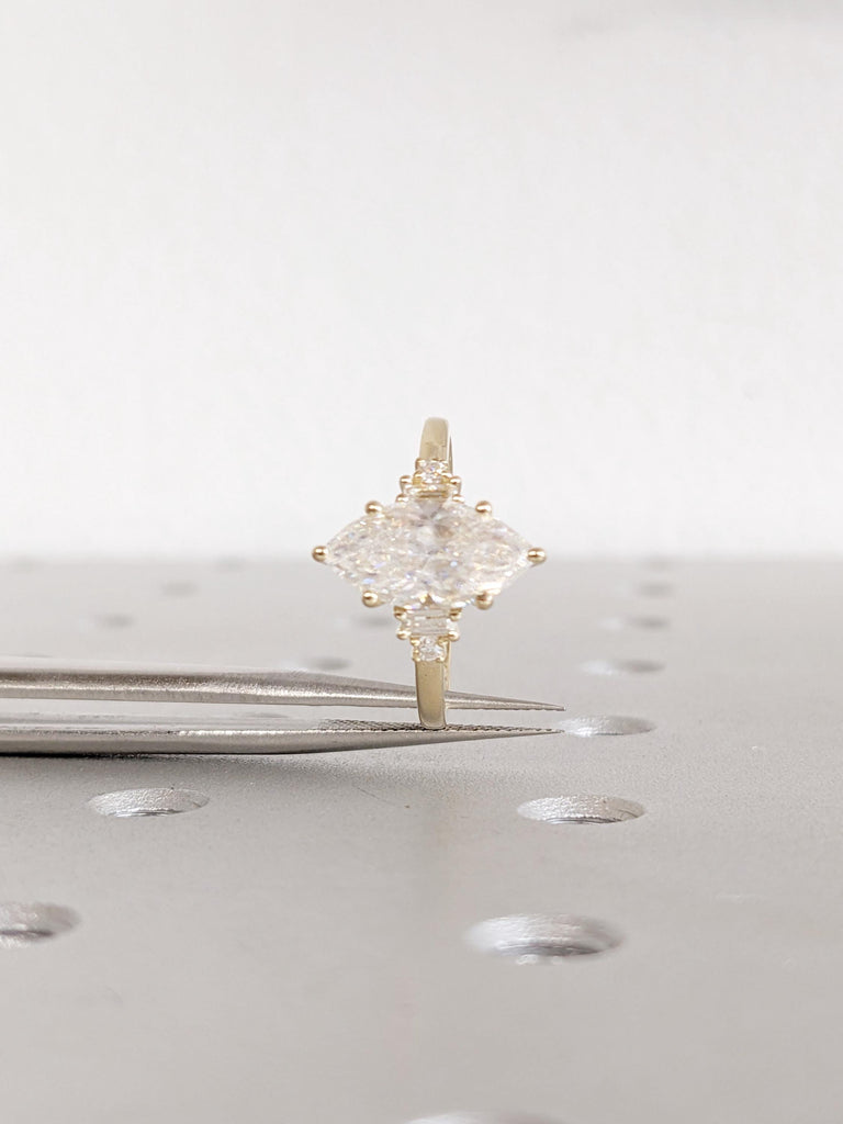 Marquise Cut Moissanite Engagement Ring | 14K Yellow Gold Baguette Accent Band | Art Deco Wedding Jewelry | Unique Statement Ring For Women