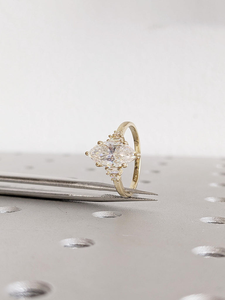 Marquise Cut Moissanite Engagement Ring | 14K Yellow Gold Baguette Accent Band | Art Deco Wedding Jewelry | Unique Statement Ring For Women