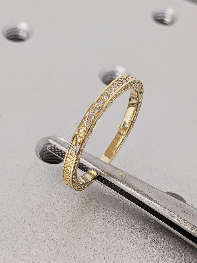 14K Solid Yellow Gold Floral Engraved Matching Ring, Thin Round White Diamond Pavé Wedding Band, Custom Filigree Stacking Ring