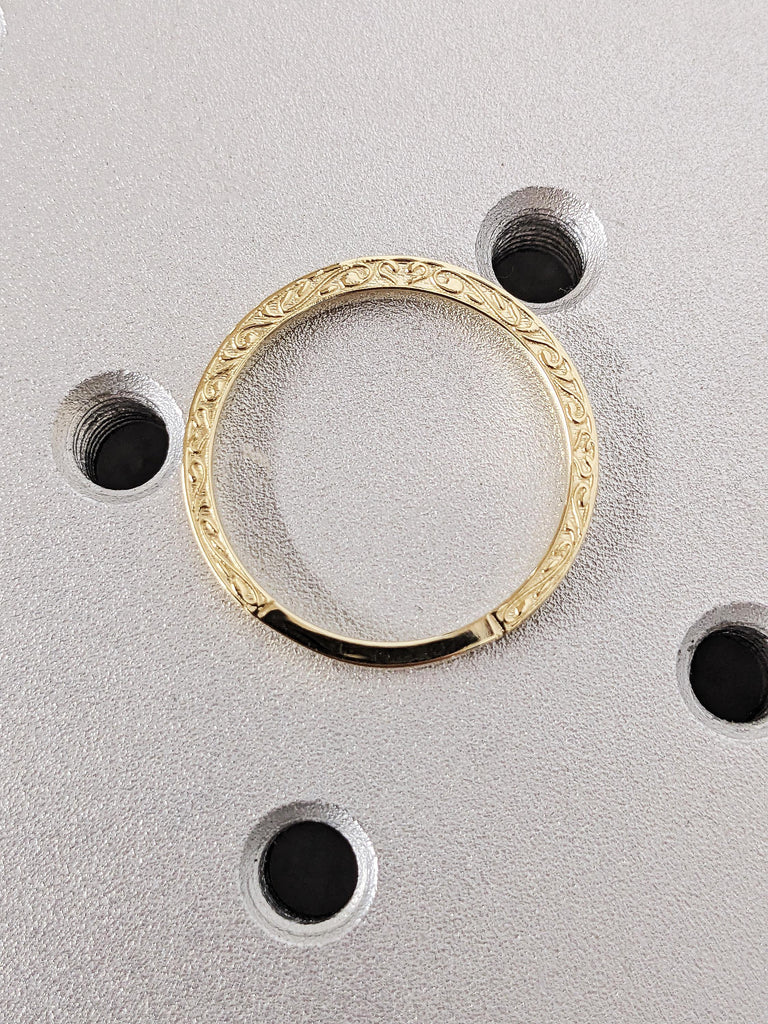 14K Solid Yellow Gold Floral Engraved Matching Ring, Thin Round White Diamond Pavé Wedding Band, Custom Filigree Stacking Ring