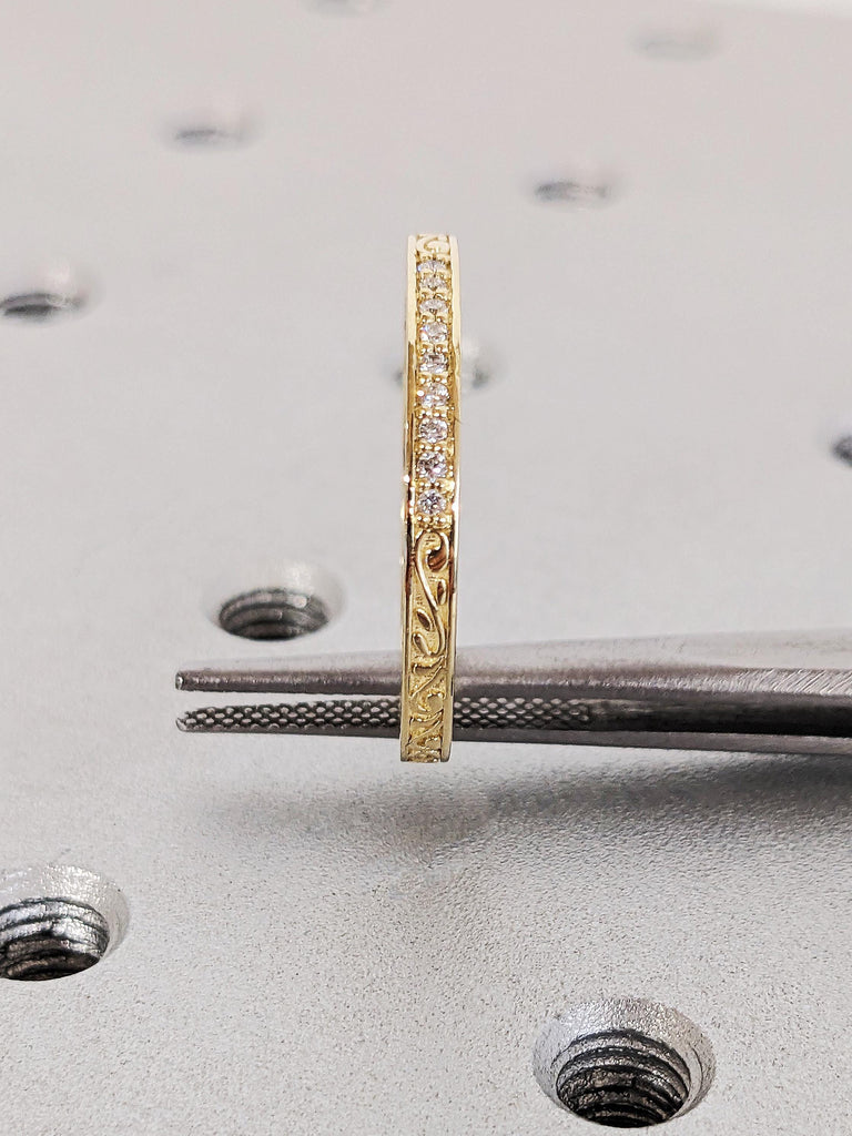 14K Solid Yellow Gold Floral Engraved Matching Ring, Thin Round White Diamond Pavé Wedding Band, Custom Filigree Stacking Ring