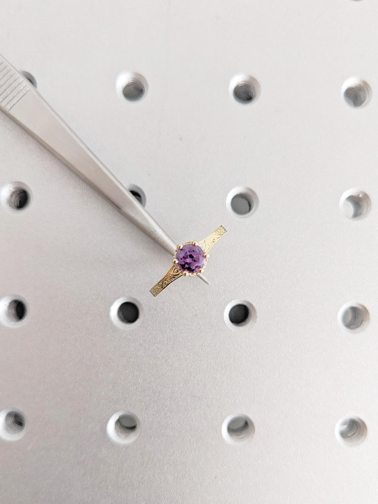 Round Cut Alexandrite Ring, 14K Yellow Gold, Vintage Filigree Hidden Halo Birthstone Ring