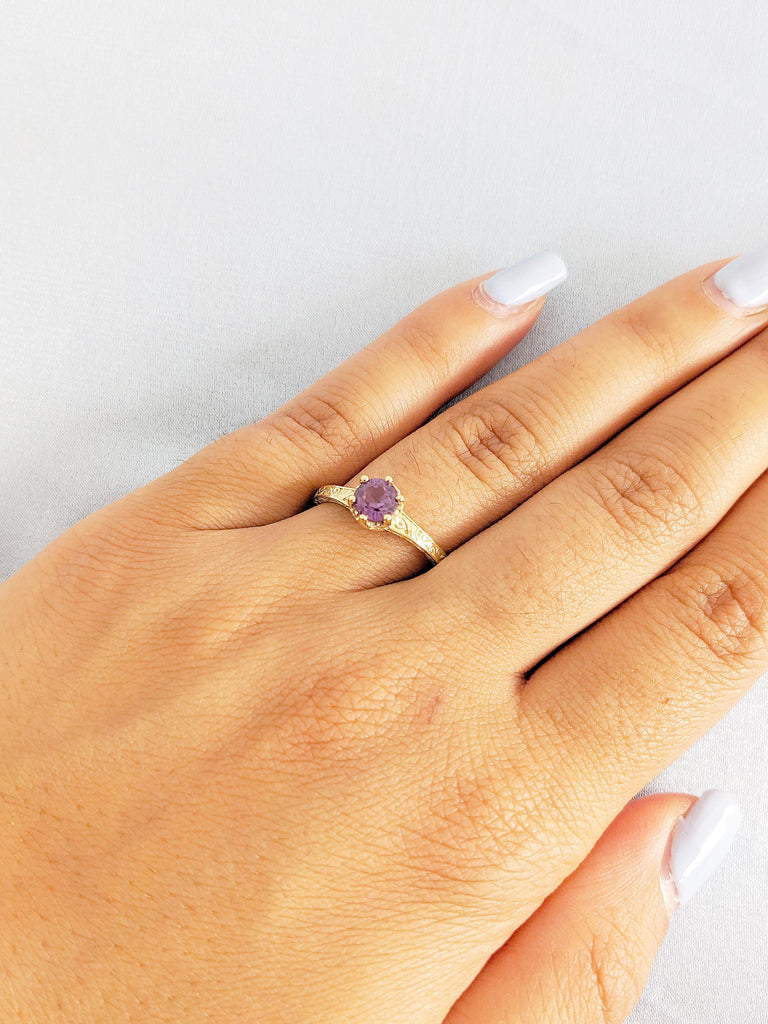 Round Cut Alexandrite Ring | 14K Yellow Gold Solitaire Engagement Ring | Vintage Filigree Hidden Halo Diamond Ring | June Birthstone Ring