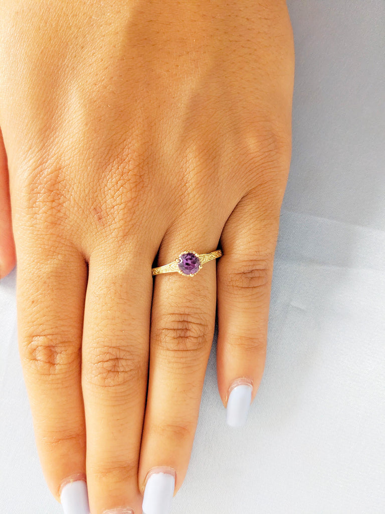 Round Cut Alexandrite Ring | 14K Yellow Gold Solitaire Engagement Ring | Vintage Filigree Hidden Halo Diamond Ring | June Birthstone Ring