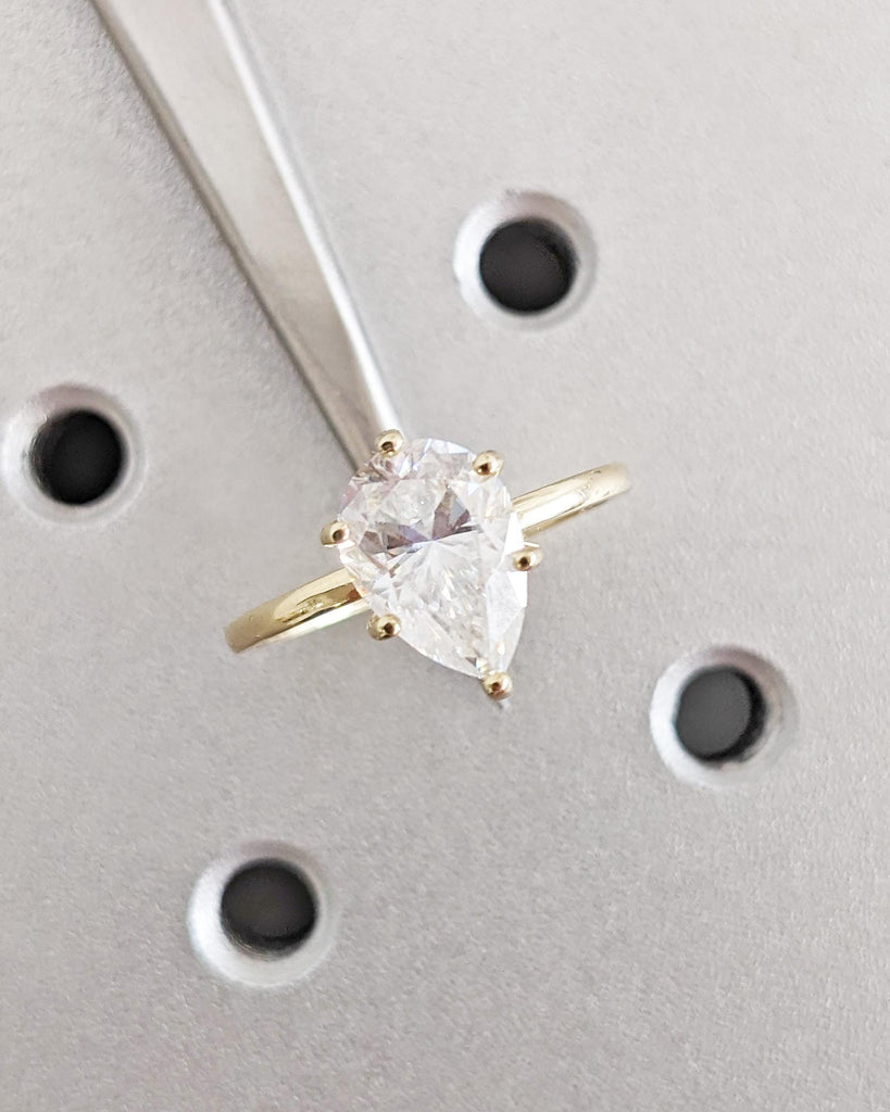 Pear Cut Moissanite Engagement Ring: Solitaire Moissanite, Half Eternity Pave Band, 1.6mm Thin Dainty Ring, Teardrop Ring, 14K Yellow Gold