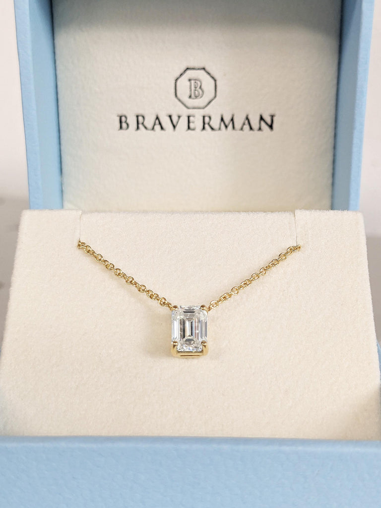 Solid Gold Emerald Cut Moissanite Bridal Necklace, Dainty 18K/14K Yellow Gold Chain, Women's Everyday Pendant