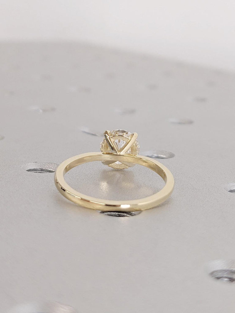 Old Miner cut Round Moissanite Wedding Anniversary Ring: 14k Yellow Gold with Hidden Halo