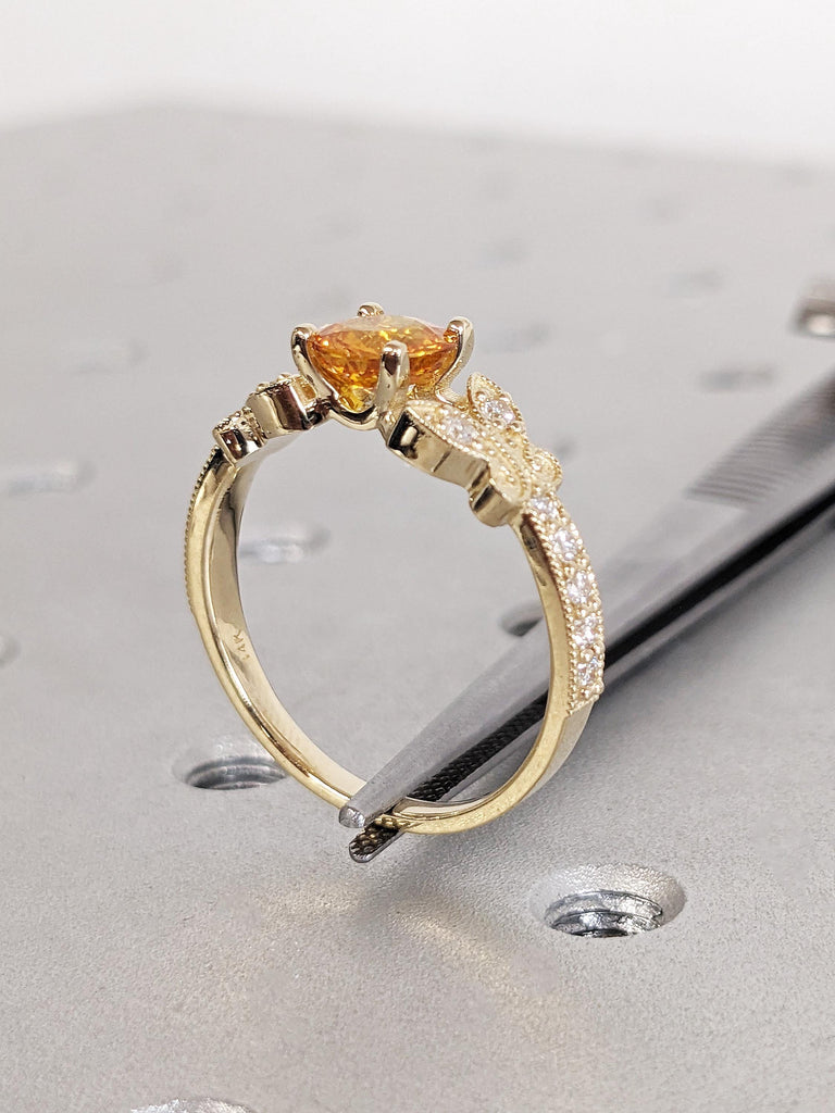 Vintage Round Cut Yellow Lab Sapphire Butterfly Milgrain Wedding Band, 14K Gold White Diamond Pavé Art Deco Ring