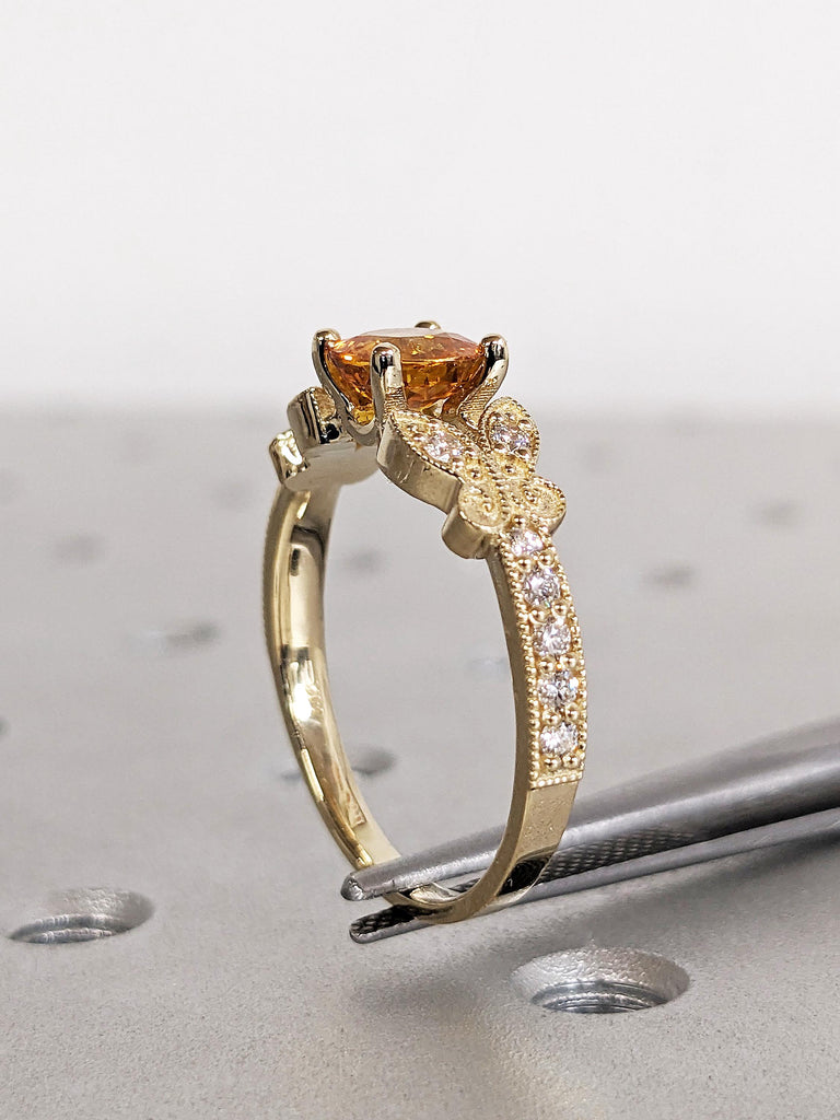 Vintage Art Deco Lab Yellow Sapphire Butterfly Engagement Ring, Round Cut Diamond Pavé Milgrain Wedding Band, 14K Yellow Gold Nature Ring