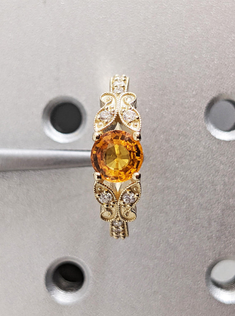 Vintage Art Deco Lab Yellow Sapphire Butterfly Engagement Ring, Round Cut Diamond Pavé Milgrain Wedding Band, 14K Yellow Gold Nature Ring