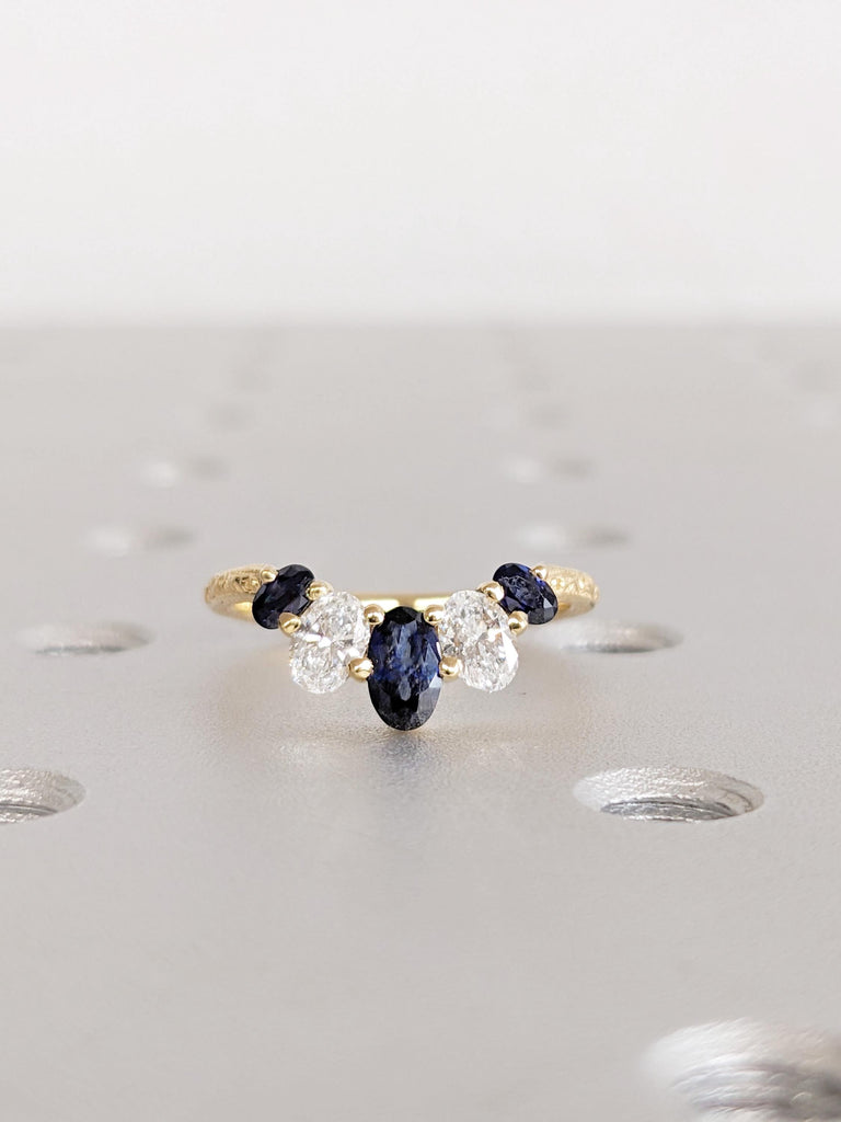 Sapphire Wedding Bands | Blue Sapphire Matching Ring | 18K Yellow Gold Ring | Oval Cut Lab Sapphire and Diamond Ring | Sapphire Jewelry Gift