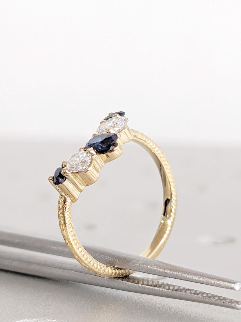 Sapphire Wedding Bands | Blue Sapphire Matching Ring | 18K Yellow Gold Ring | Oval Cut Lab Sapphire and Diamond Ring | Sapphire Jewelry Gift