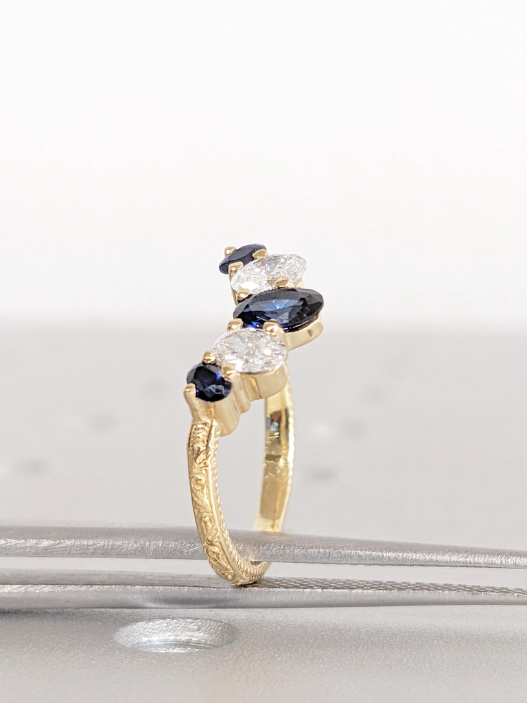 Sapphire Wedding Bands | Blue Sapphire Matching Ring | 18K Yellow Gold Ring | Oval Cut Lab Sapphire and Diamond Ring | Sapphire Jewelry Gift