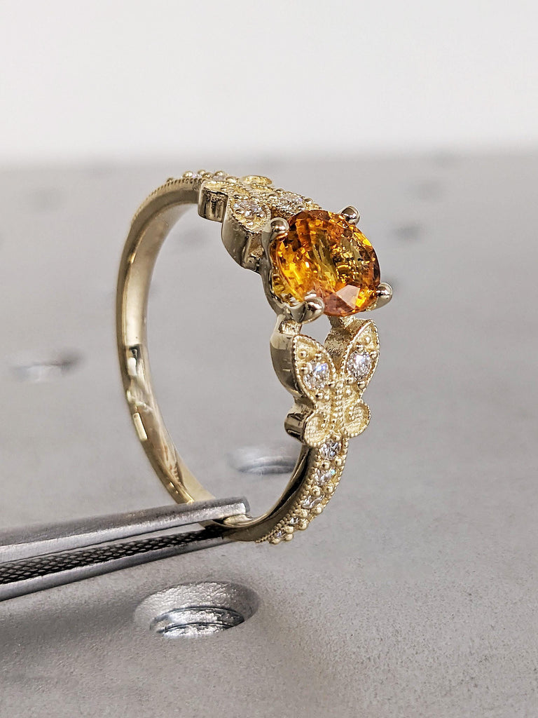 Vintage Art Deco Lab Yellow Sapphire Butterfly Engagement Ring, Round Cut Diamond Pavé Milgrain Wedding Band, 14K Yellow Gold Nature Ring