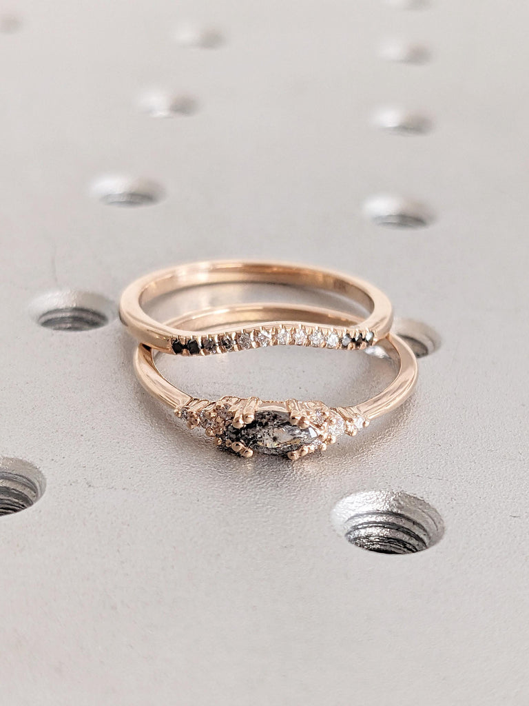 Salt and Pepper Diamond Ring | Engagement Ring Set | 14k Gold Wedding Ring Set | Rose Gold Ring | Curved Stackable Ring | Anniversary Gift